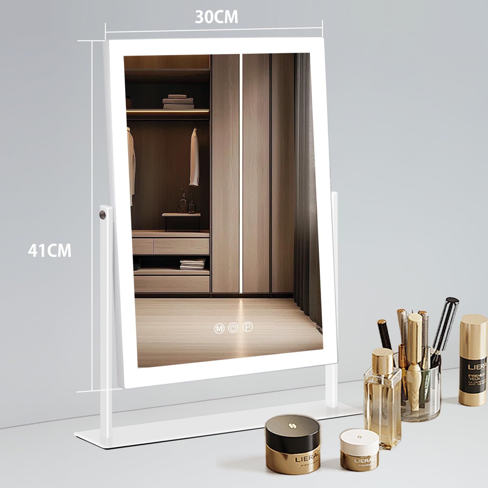 Hansong 女優ミラー 鏡 卓上 ハリウッドミラー ライト付き 化粧鏡 三色照明モード 無段階調光 10倍拡大鏡付き 360度回転 LED ライトストラップ 30 x 41 cm