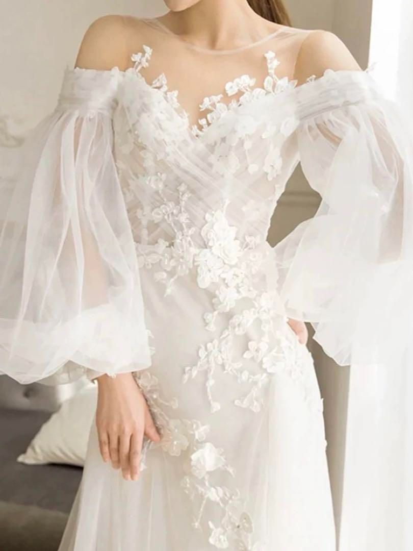 レディースファッション 花柄にフワフワした女性らしいデザインのオフショルロングドレス