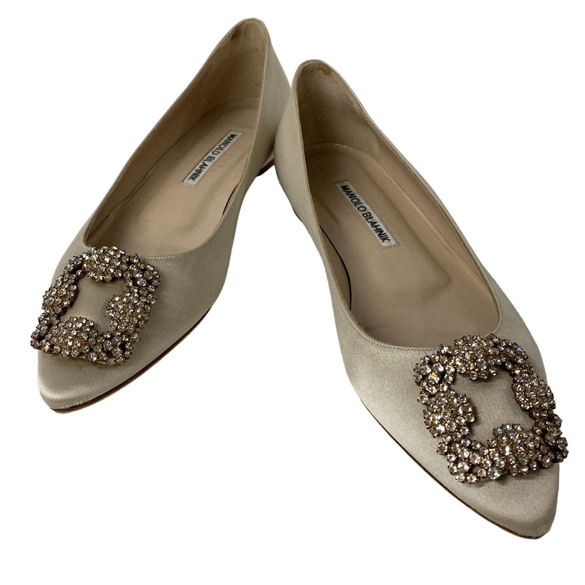 MANOLO BLAHNIK マノロブラニク フラットシューズ 37 1 2 レディース - アイボリー ラインストーン アウトソール張替済