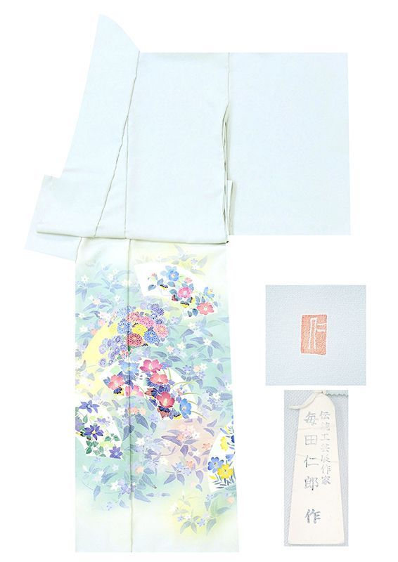 記念感謝祭 仕立無料 伝統的工芸品本加賀友禅手描技術者巨匠毎田仁郎先生作 祝い王朝四季花扇面文色留袖