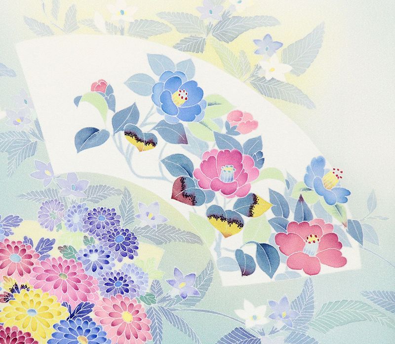 伝統的工芸品本加賀友禅手描技術者巨匠毎田仁郎先生作 祝い王朝四季花扇面文色留袖