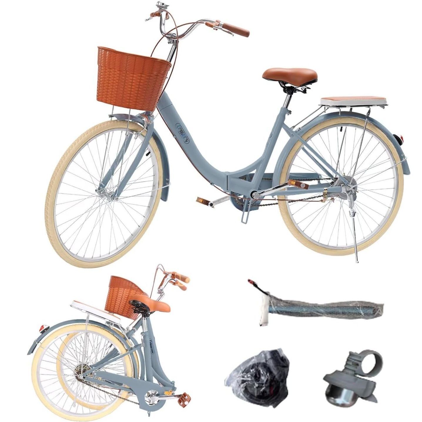 AORTD 自転車 レディース自転車 ライトブルー 26インチ 大型カゴ 成人軽便 学生 淑女 通勤 高炭素鋼フレーム ハンドル サドル高さ調整 シティ車 おしゃれ 泥除け付き