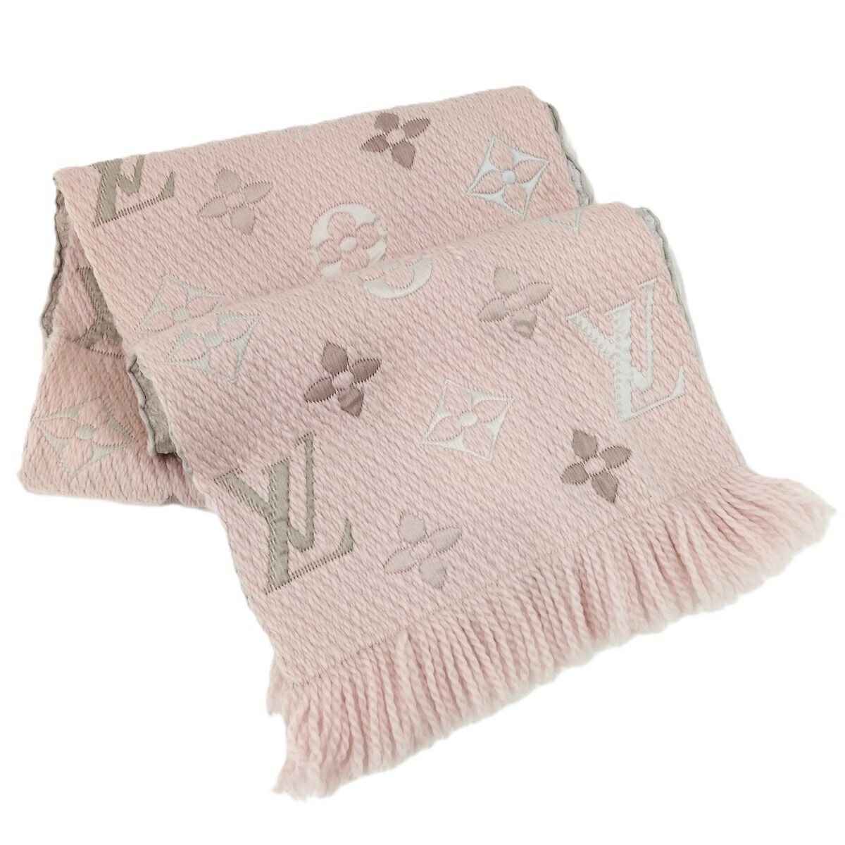 LOUIS VUITTON ウールマフラーエシャルプ　ロゴ　シルク混ピンク LOUIS VUITTON マフラー エシャルプ ロゴマニア ウール シルク