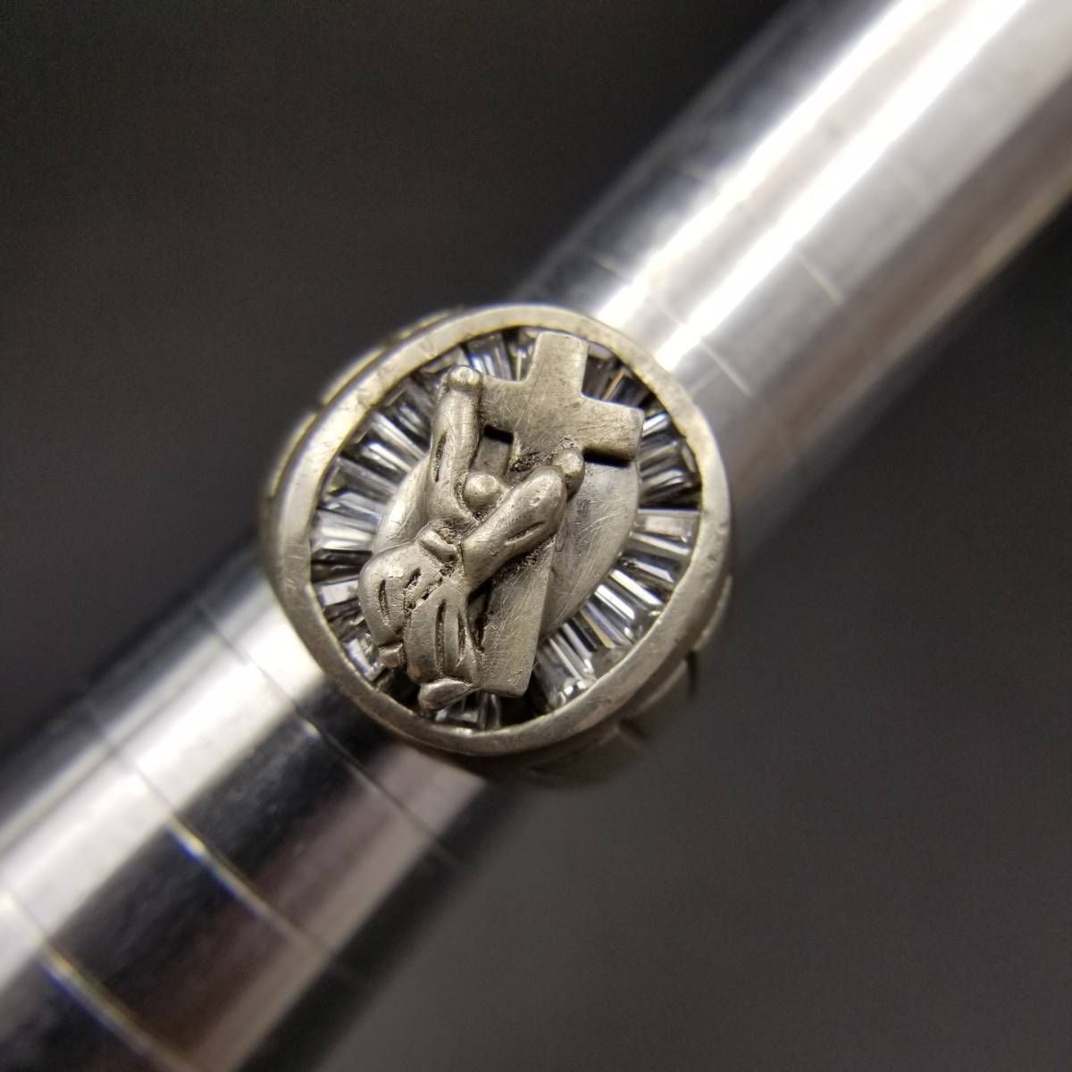 キリストと十字架 クリアストーン装飾 925 シルバー ヴィンテージ シグネット リング 銀 指輪 モチーフジュエリー 重厚感 Y 11 US