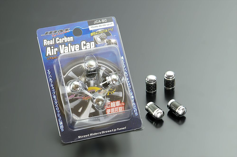 JDMリアルカーボンエアバルブキャップ4個セット ブラックカーボン・クロームトップ【JCA-BC】