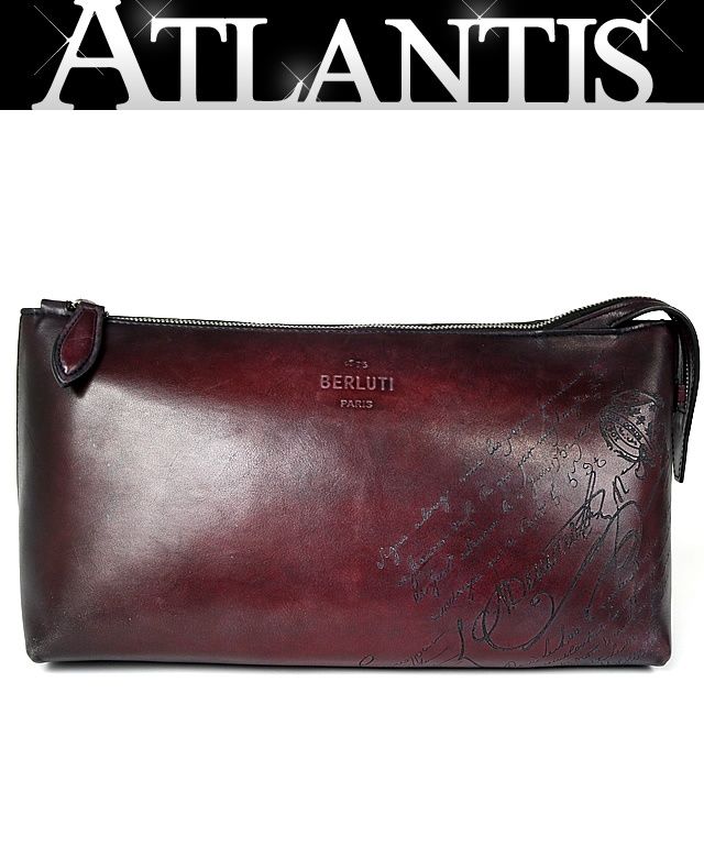 Berluti ベルルッティ アイビー スクリット ヴェネチアレザー カリグラフィー ポーチ ハンドバッグ メンズ 赤茶系 100976