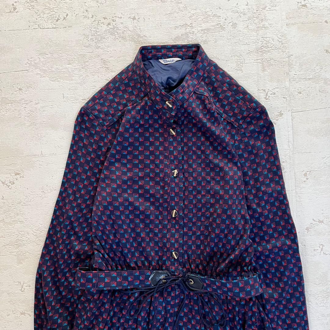 昭和レトロ＊幾何学小紋柄長袖ロングワンピース＊ネイビーベルト付き