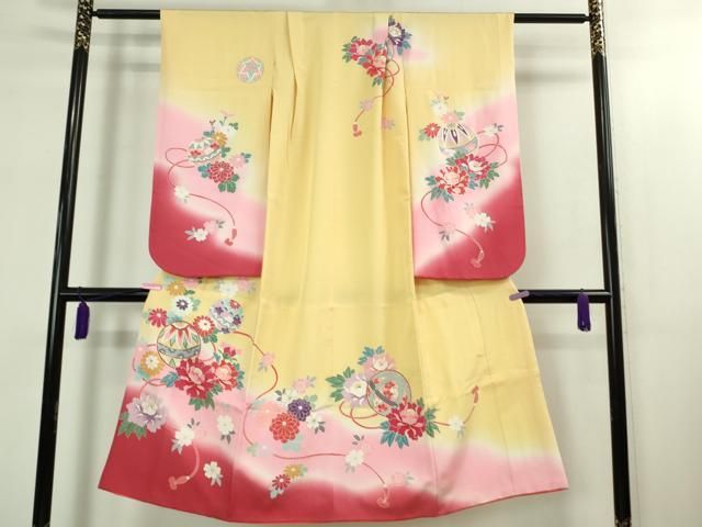 上 七五三 女の子 7歳 祝着 襦袢 単衣 半衿刺繍 セット 花毬文 暈し染め 金彩 kh 6