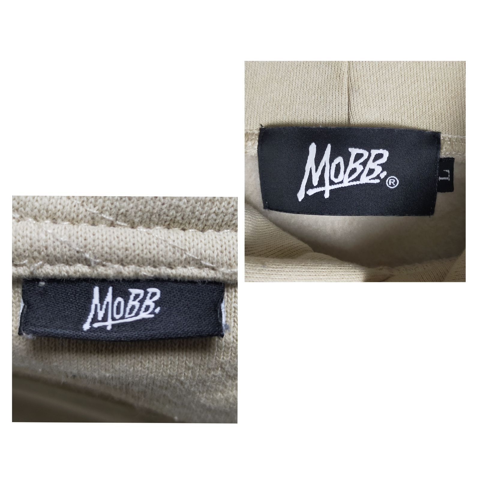 人気】MOBB モブ パーカー L ベージュ ハートロゴ ドリップ ワッペン 