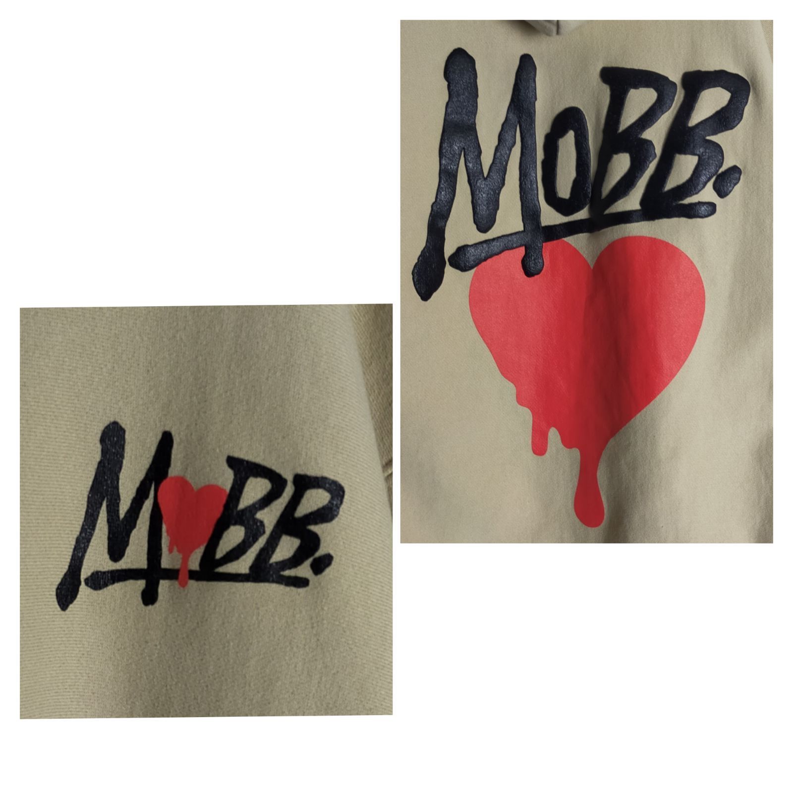 人気】MOBB モブ パーカー L ベージュ ハートロゴ ドリップ ワッペン 