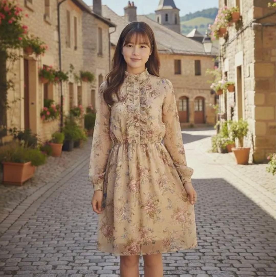 アウトレット 昭和レトロ＊花柄長袖ロングワンピースフリル付き