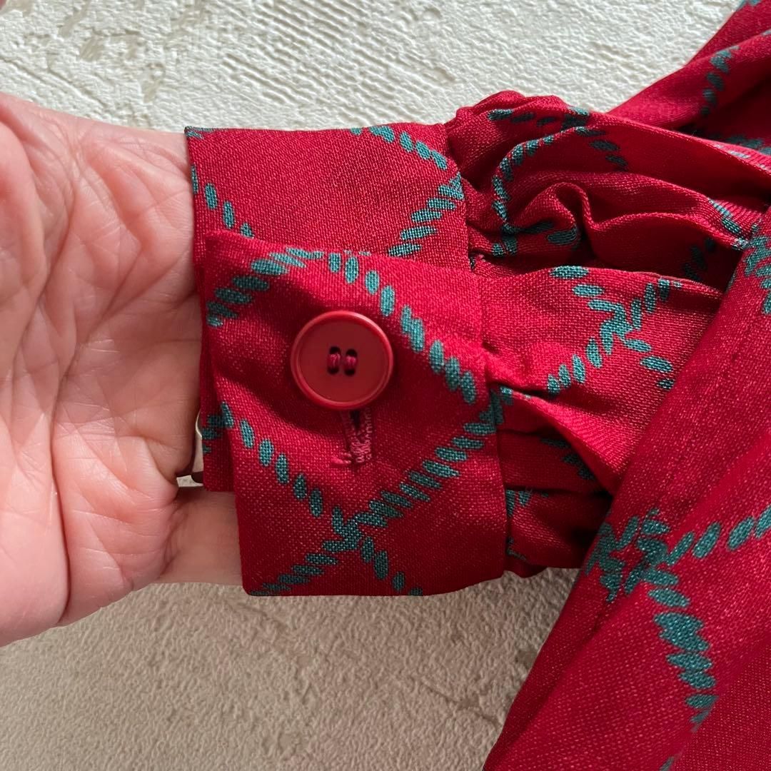 昭和レトロ 大きめリボン付きレッドチェック長袖ロングワンピースフリーサイズ