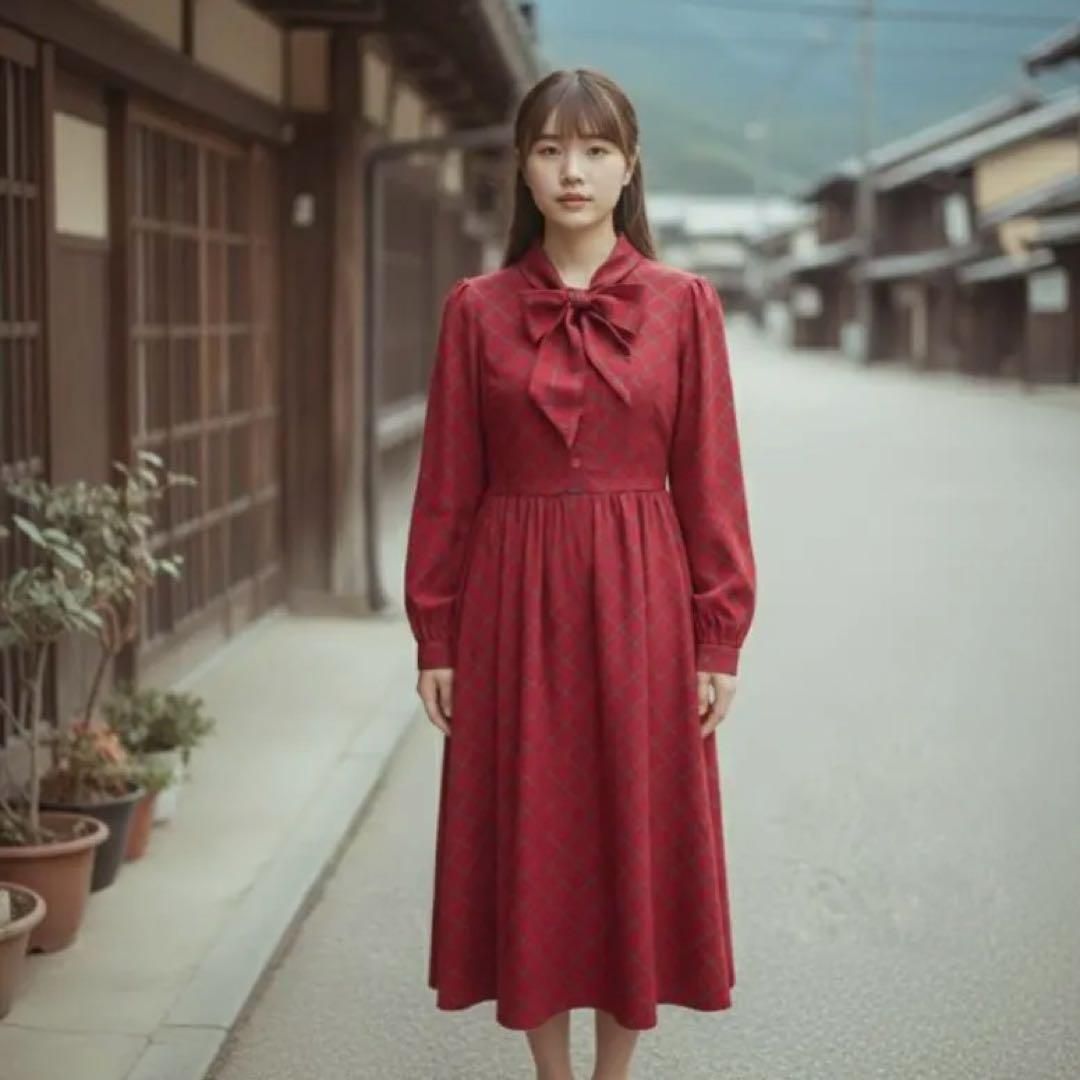 昭和レトロ 大きめリボン付きレッドチェック長袖ロングワンピースフリーサイズ