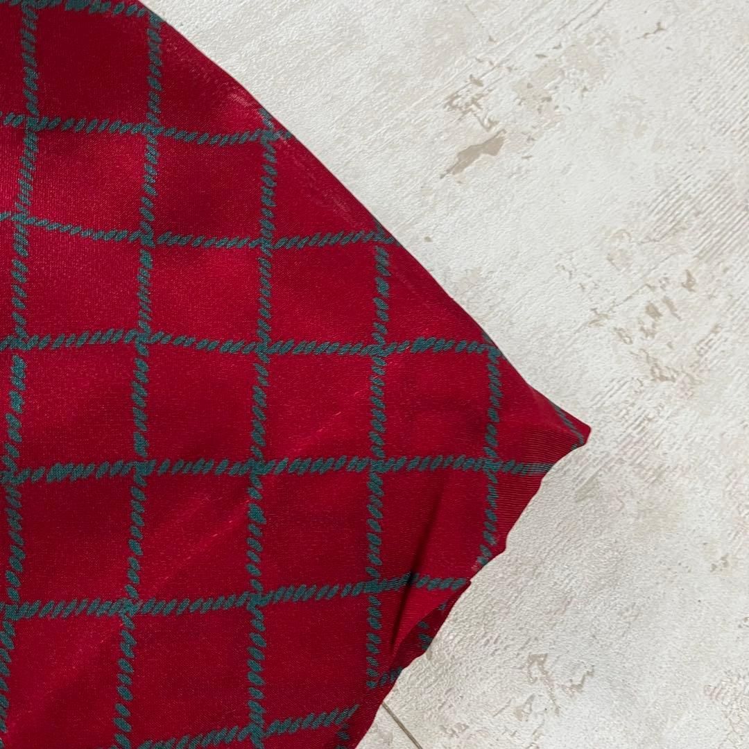 大きめリボン付きレッドチェック長袖ロングワンピースフリーサイズ