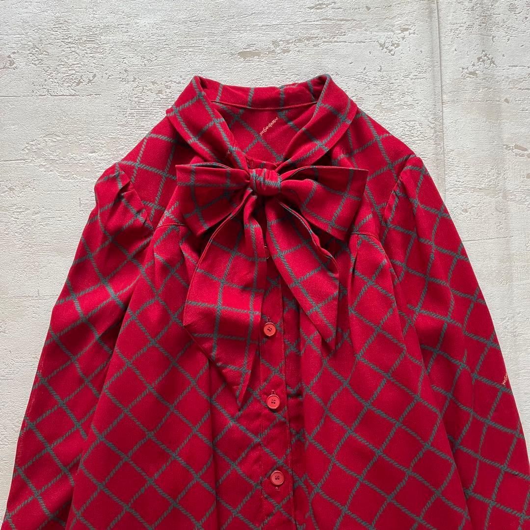 昭和レトロ＊大きめリボン付きレッドチェック長袖ロングワンピースフリーサイズ