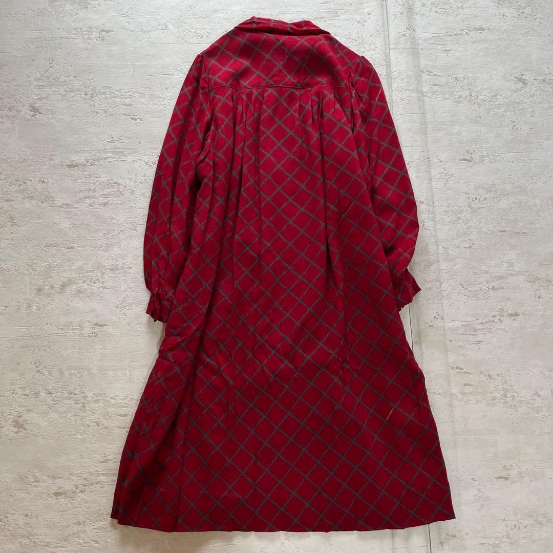 昭和レトロ 大きめリボン付きレッドチェック長袖ロングワンピースフリーサイズ