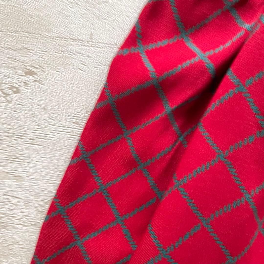 大きめリボン付きレッドチェック長袖ロングワンピースフリーサイズ