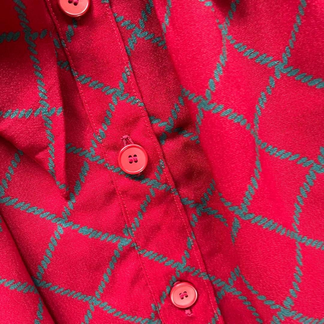 大きめリボン付きレッドチェック長袖ロングワンピースフリーサイズ