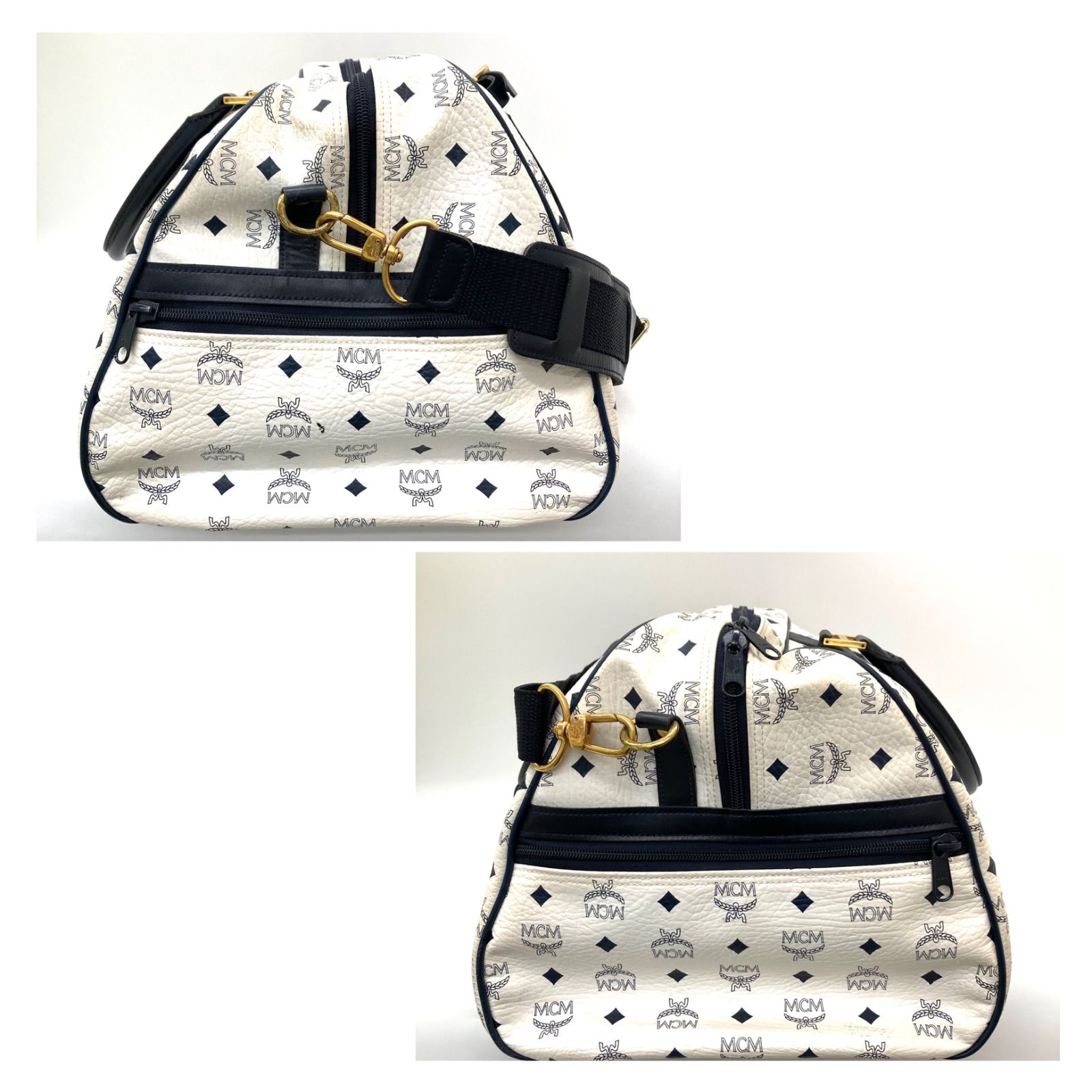 ◇MCM◇エムシーエム ボストンバッグ ホワイト×ネイビ レザー - メルカリ