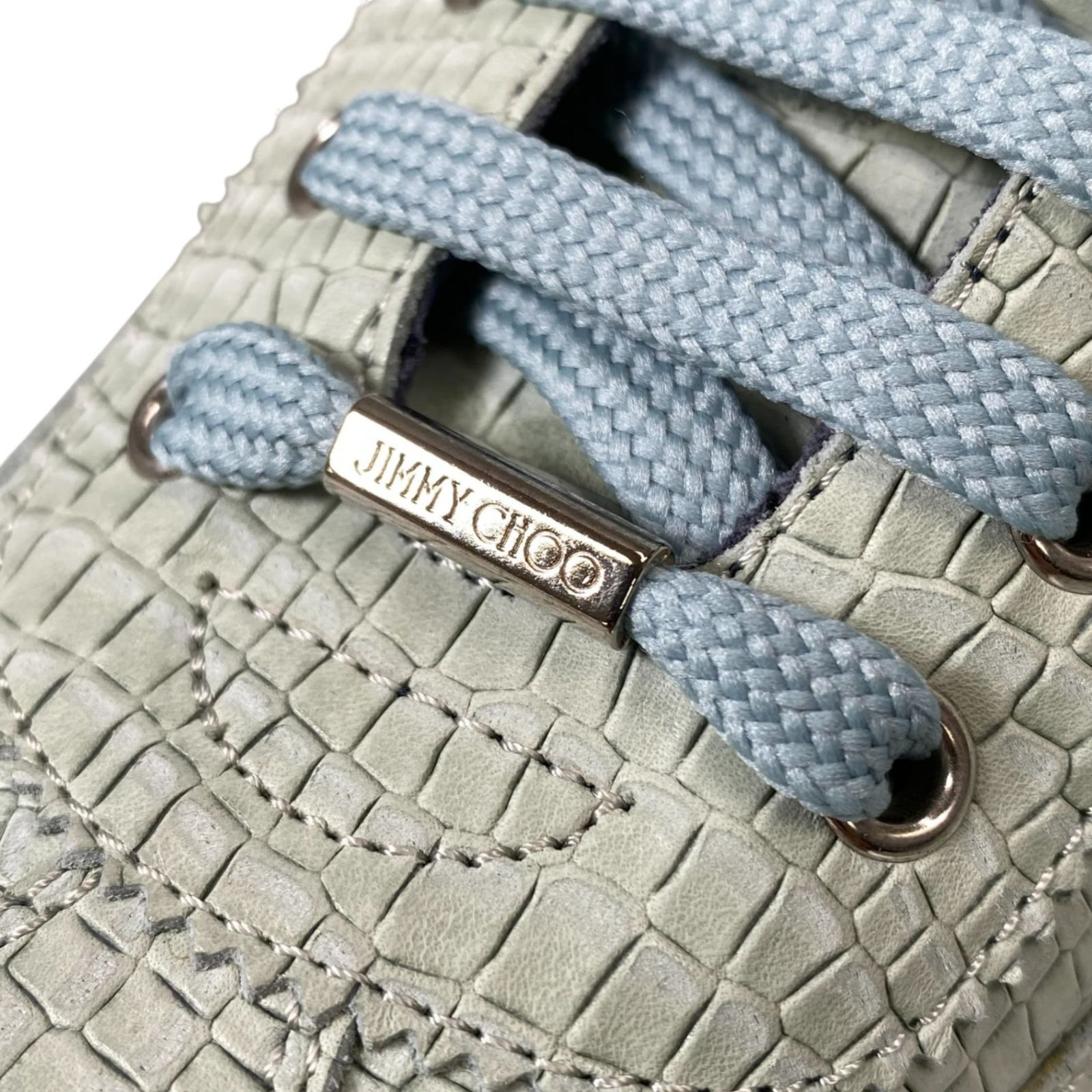 1L11【美品】JIMMY CHOO ジミーチュウ クロコ型押レザースニーカー ローカットスニーカー イタリア製 39サイズ ミントグリーン メンズu02t 1L11【美品】JIMMY CHOO ジミーチュウ クロコ型押レザースニーカー