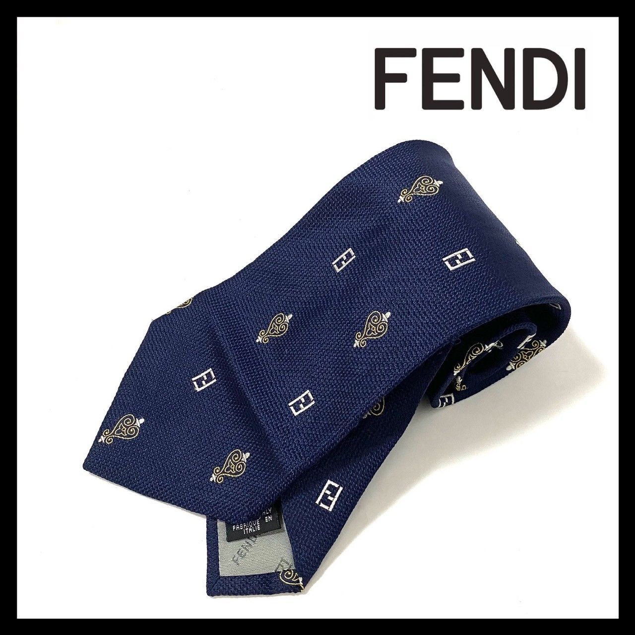 FENDI】ネクタイ SILK/シルク 100% ロゴ 小紋柄 総柄 ネイビー