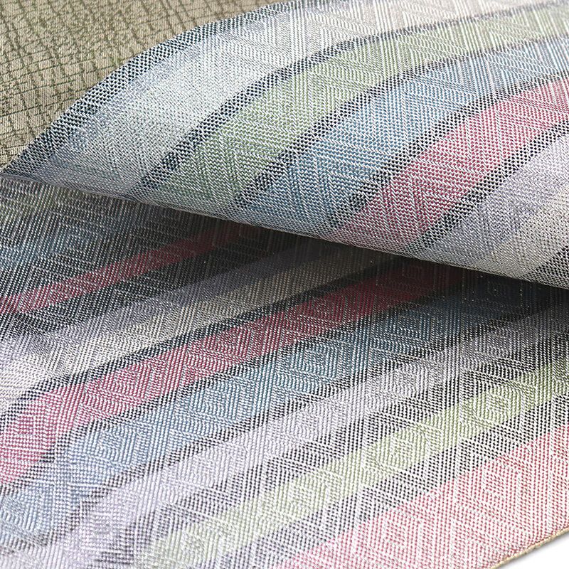 袋帯 フォーマル 正絹 全通柄銀 ピンク 緑 縦縞 佐賀錦風 長さ423cm 幅