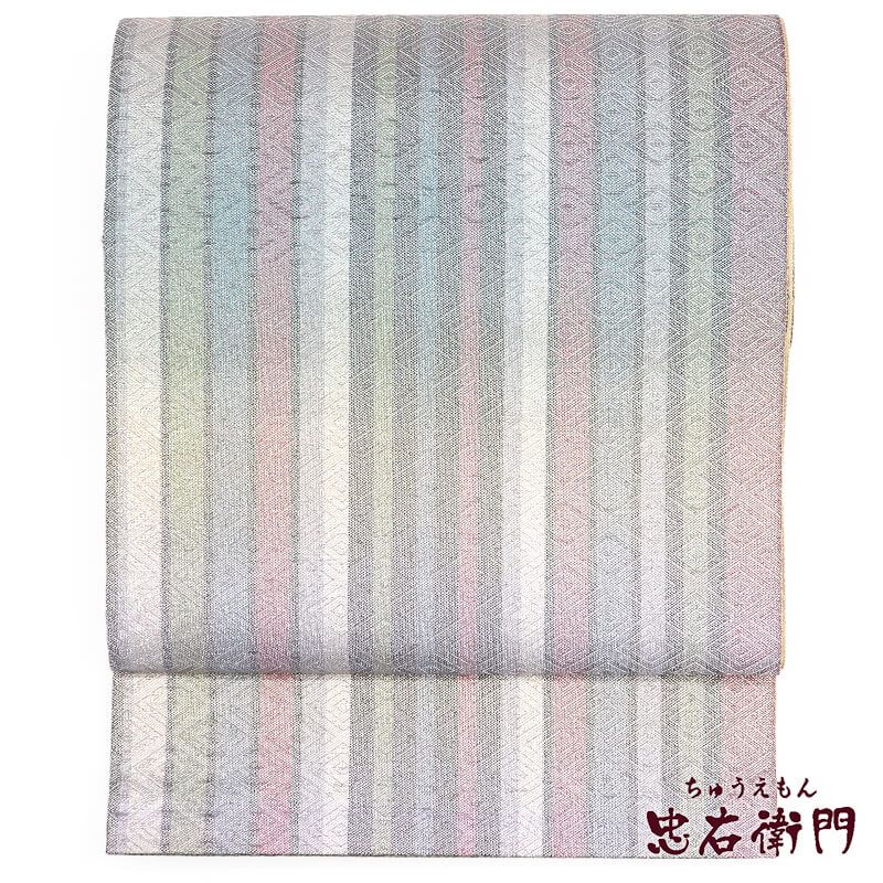 正絹 袋帯　フォーマル 袋帯 フォーマル 正絹 全通柄銀 ピンク 緑 縦縞 佐賀錦風 長さ423cm 幅
