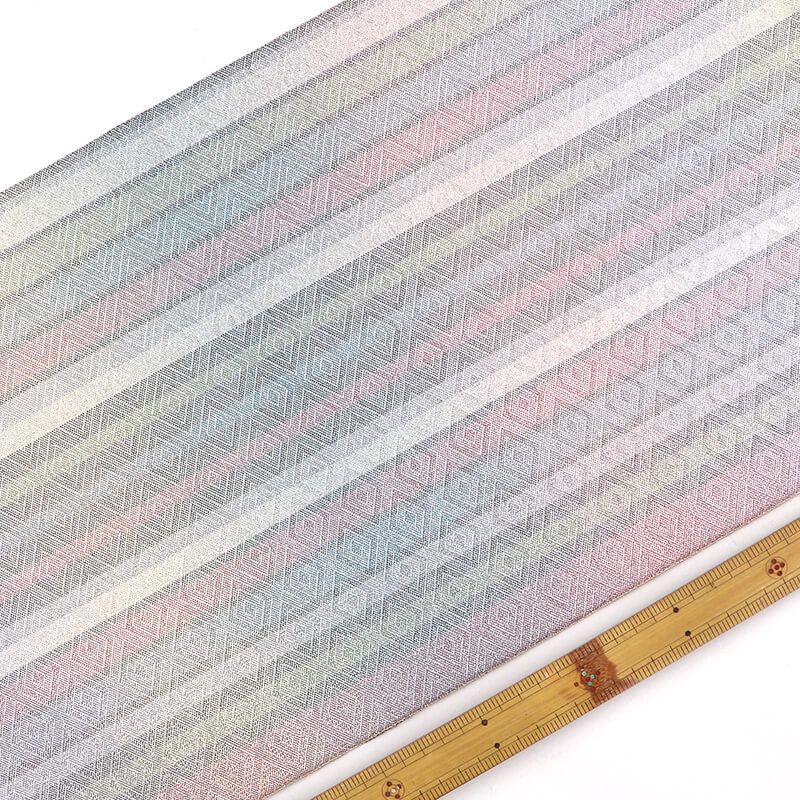 袋帯 フォーマル 正絹 全通柄銀 ピンク 緑 縦縞 佐賀錦風 長さ423cm 幅