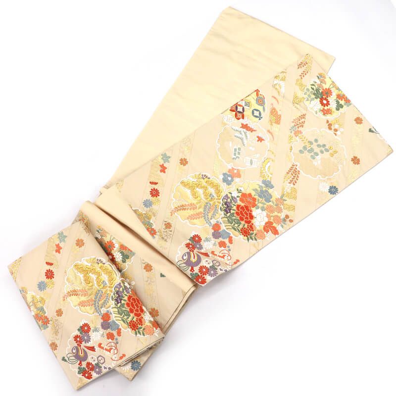 袋帯 フォーマル 正絹 六通柄白ベージュ 雪輪 宝尽くし文 長さ429cm 幅