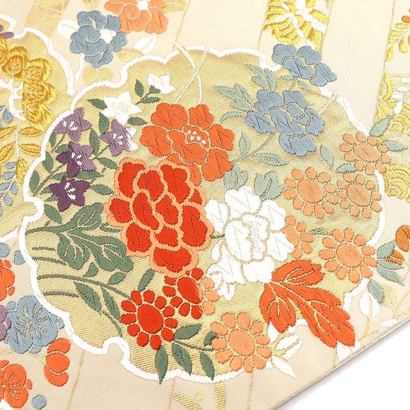 袋帯 フォーマル 正絹 六通柄白ベージュ 雪輪 宝尽くし文 長さ429cm 幅