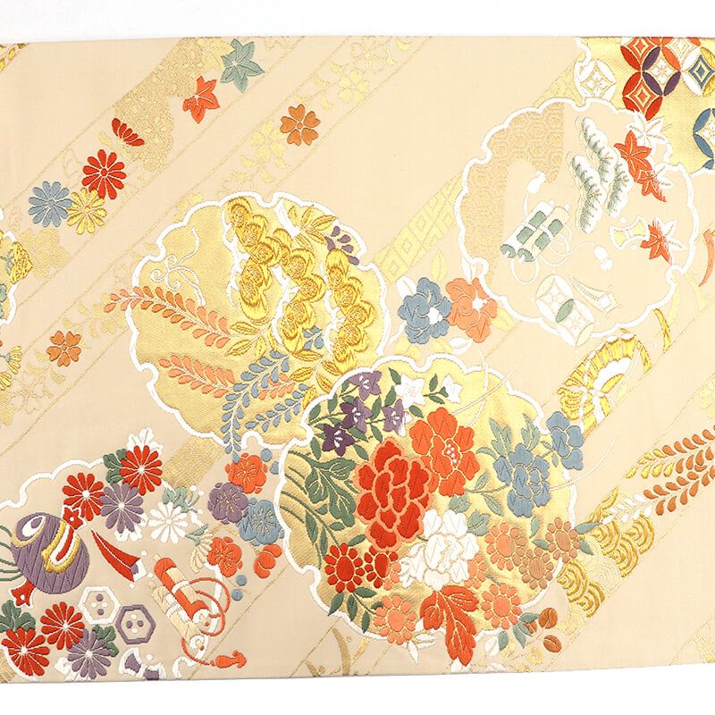 袋帯 フォーマル 正絹 六通柄白ベージュ 雪輪 宝尽くし文 長さ429cm 幅