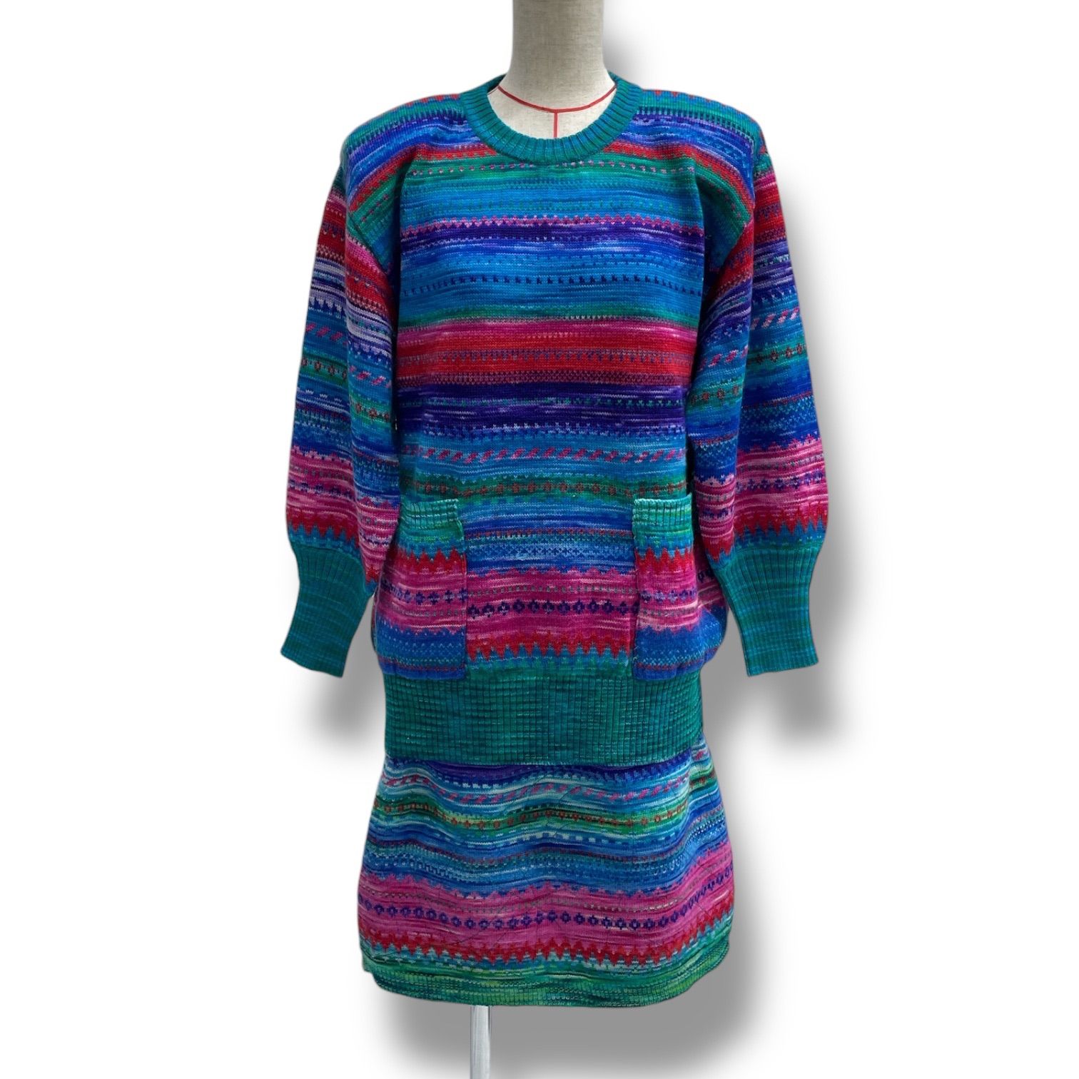 MORIOKA SACHIKO モリオカサチコ ニット セットアップ 上下セット セーター トップス スカート ウール 肩パッド カラフル マルチ レディース 秋 冬 ゴーゴー古着マルイファミリー 30 No 320