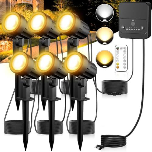 MEIKEE ガーデンライト スポットライト 6灯 リモコン付き 2700 K 4000 6500 切替 3段階調光 明暗センサー 自動点灯 消灯 2 H 4 6 Hタイマー機能 コンセント式 常時点灯 メモリー機能 IP 66防水 ガーデン照明