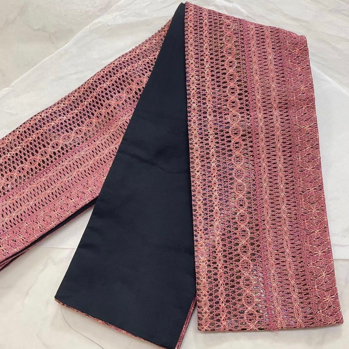  kimono one kimonoarisa レースが素敵な半幅帯 同然 リバーシブル 長尺 364㎝ 半巾 半幅 小袋帯 帯
