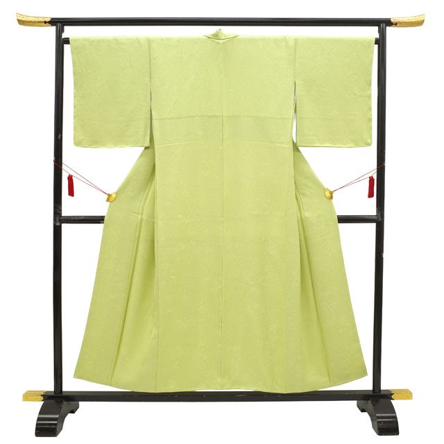 色無地 着物 正絹 袷 若苗色 淡黄緑 地紋 辻が花 花 セミフォーマル ～ カジュアル 春 秋 冬 上質 仕立て上がり 身丈154 裄丈66.5 Ｓ～Ｍサイズ みやがわ sb 16752