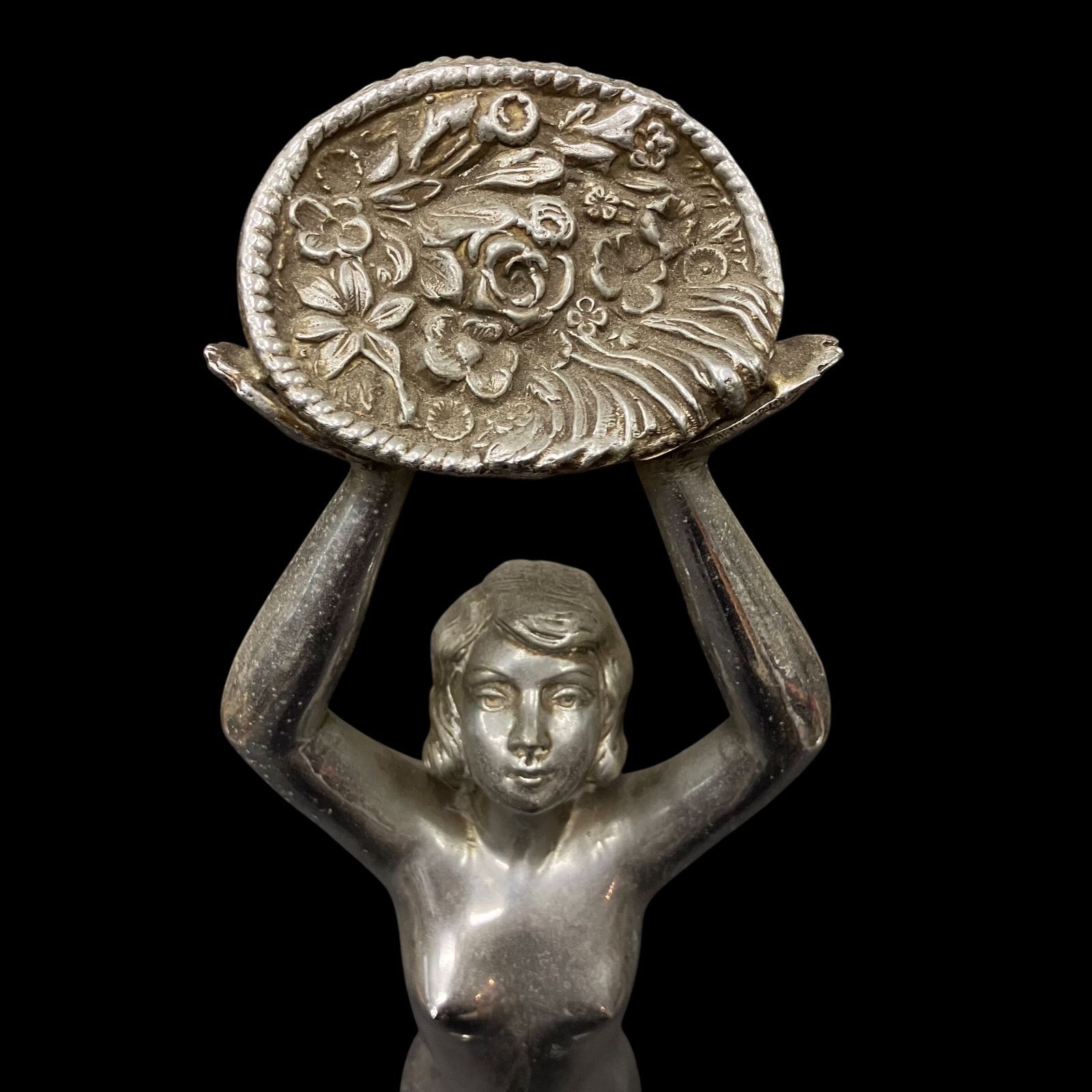  アールデコ女性像 彫刻 Limousin刻印 台座付き 1930年代 アンティーク ジュエリーボックス 置物 インテリア小物