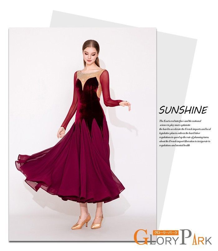 社交ダンス ドレス ダンス衣装 練習着 競技着 社交ダンス衣装 ワンピース 長袖 レース 透け感 豪華 パーティー モダン ルンバ 発表会