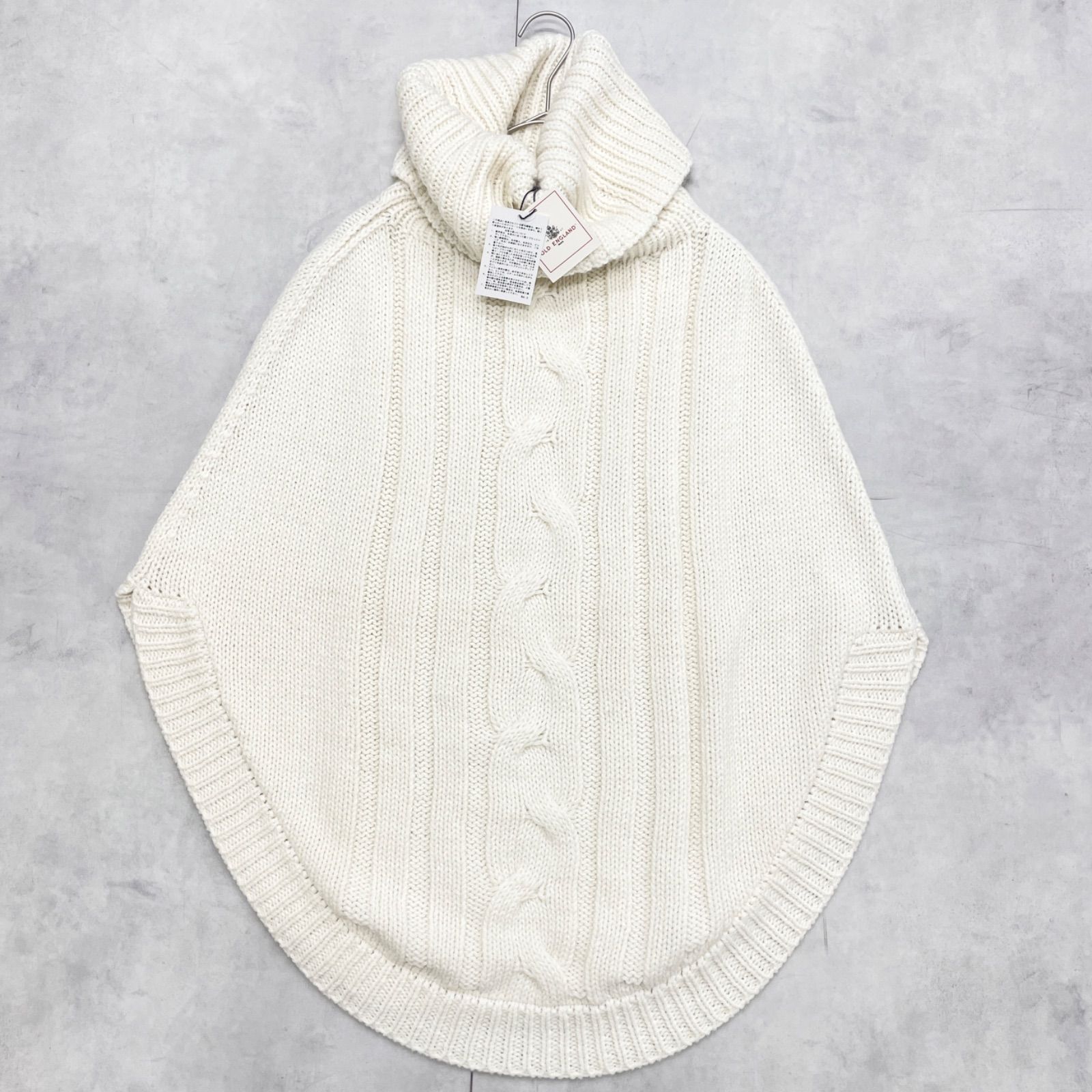 OLD ENGLAND オールドイングランド ニットケープ ポンチョ ケーブル網み タートルネック ホワイト アルパカ ウール レディース 36