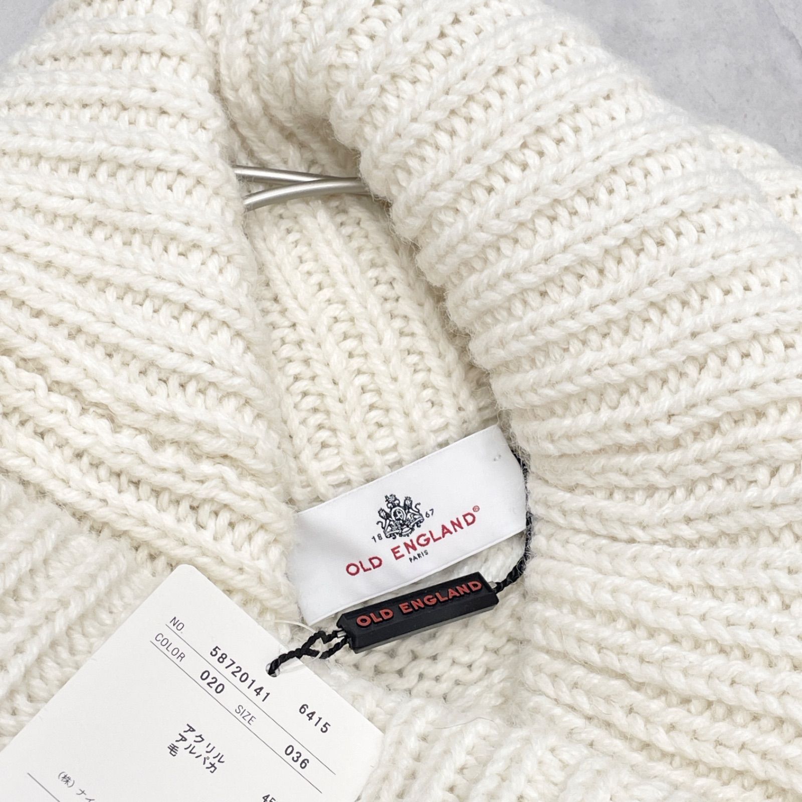  OLD ENGLAND イングランド ニットケープ ポンチョ ケーブル網み タートルネック ホワイト アルパカ ウール レディース 36 ポンチョ ケープコート ジャケット アウター