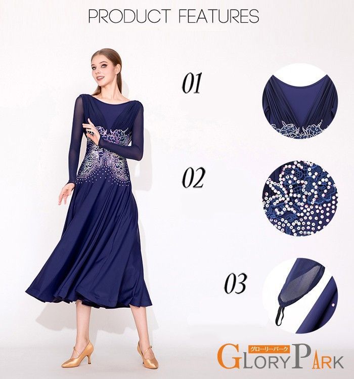 社交ダンス ドレス ダンス衣装 練習着 競技着 社交ダンス衣装 ワンピース 長袖 透け感 豪華 パーティー モダン ルンバ 発表会 開場ドレス ストレッチ 団体 ネイビー S M L XL 2