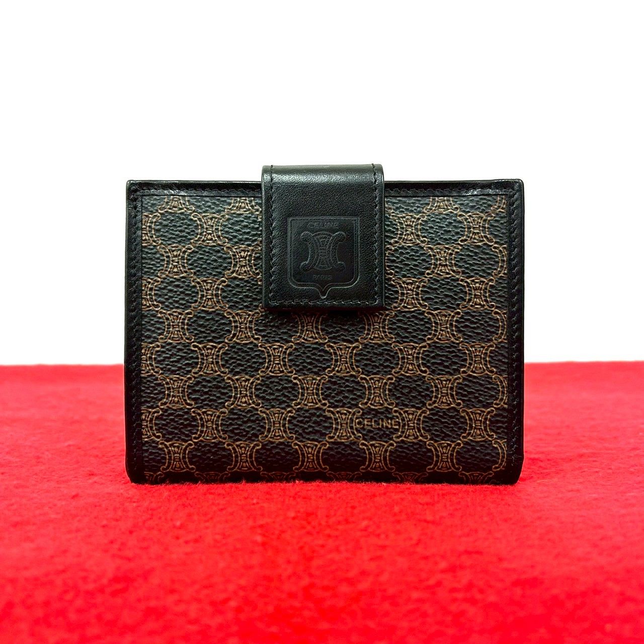 ♥保管品 CELINE セリーヌ ヴィンテージ マカダム トリオンフ ロゴ レザー がま口 二つ折り 財布 ウォレット ブラック ブラウン 44225