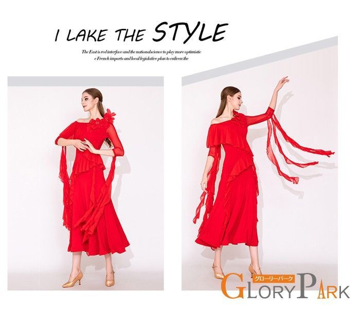 社交ダンス ドレス ダンス衣装 練習着 競技着 社交ダンス衣装 ワンピース 長袖 レース 透け感 豪華 パーティー モダン ルンバ 発表会 開場ドレス ストレッチ 団体 レッド ブラック S M L XL 2