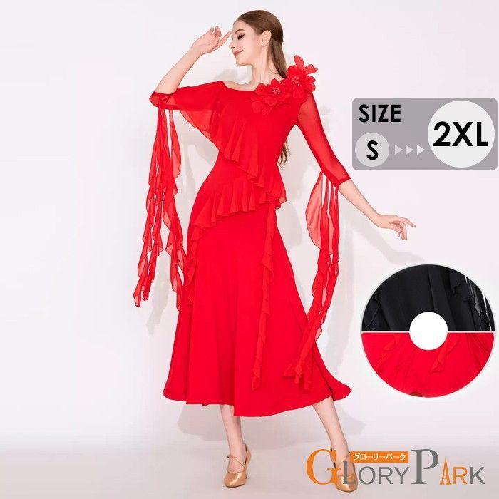 社交ダンス ドレス ダンス衣装 初心者 練習着 競技着 社交ダンス衣装 ワンピース 長袖 レース 透け感 豪華 パーティー モダン スタンダード ルンバ 発表会 開場ドレス ストレッチ 団体 レッド ブラック S M L XL 2
