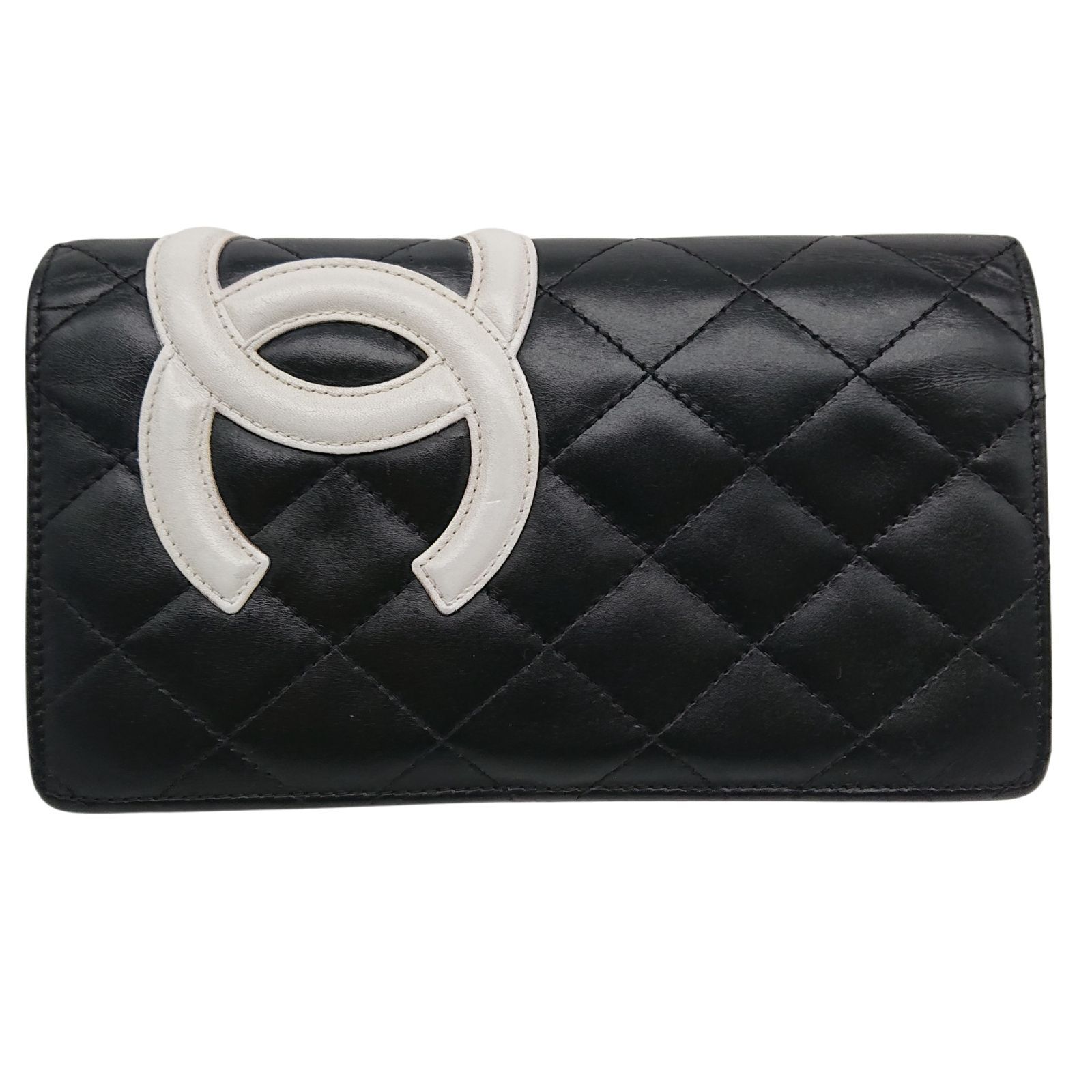 美品】CHANEL カンボンライン ココマーク 長財布 ブラック／ホワイト