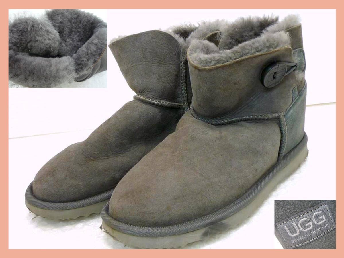 UGG australia アグ オーストラリア w mini bailey button ミニベイリーボタン ムートンブーツ シューズ グレー 約24.5-25 cm お買得 必見