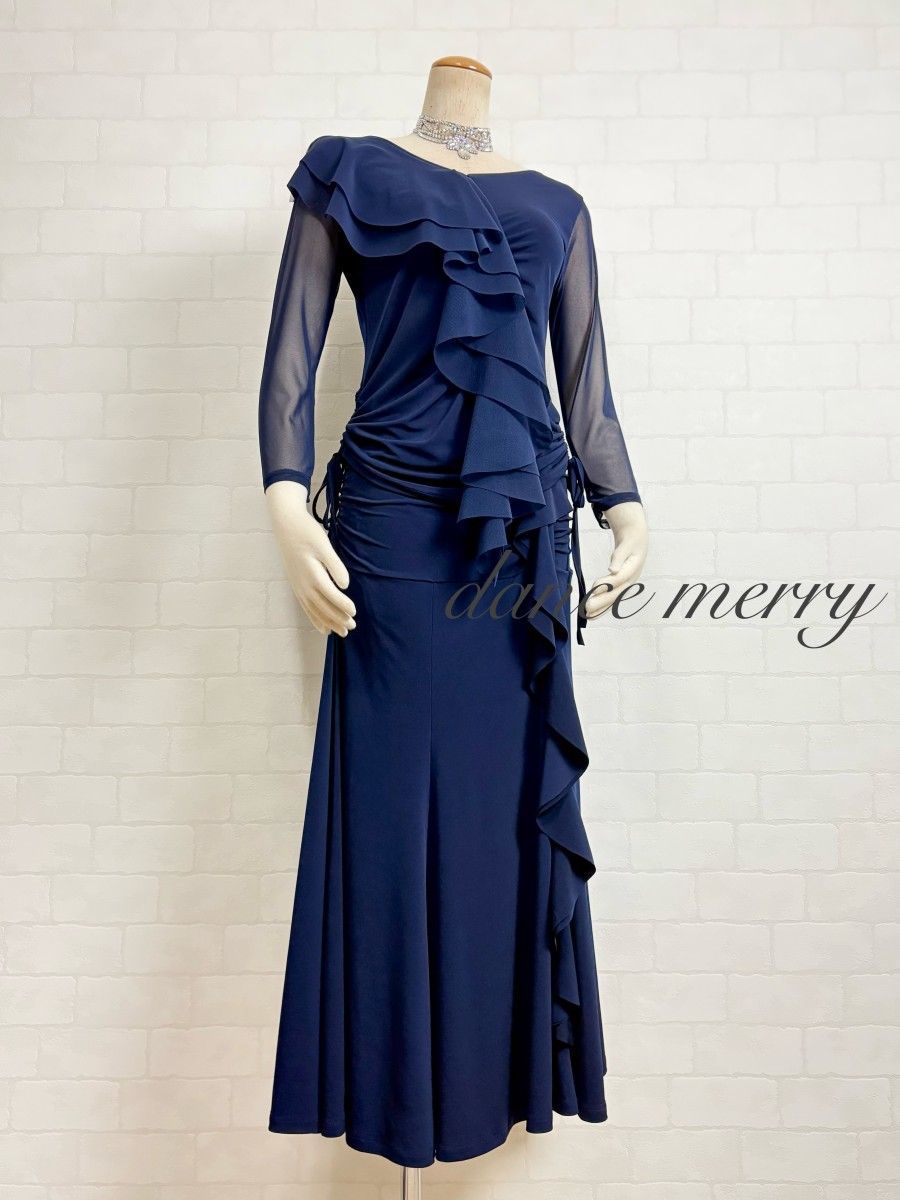 新品　社交ダンス　ツーピース　紺　フリル　マーメイド　セットアップ　1217 新品 社交ダンス ツーピース 紺 ネイビー フリル マーメイド