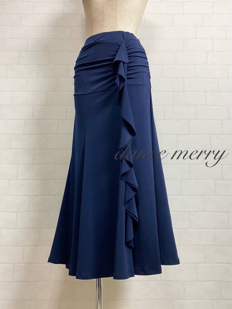 新品　社交ダンス　ツーピース　紺　フリル　マーメイド　セットアップ　1217 新品 社交ダンス ツーピース 紺 ネイビー フリル マーメイド