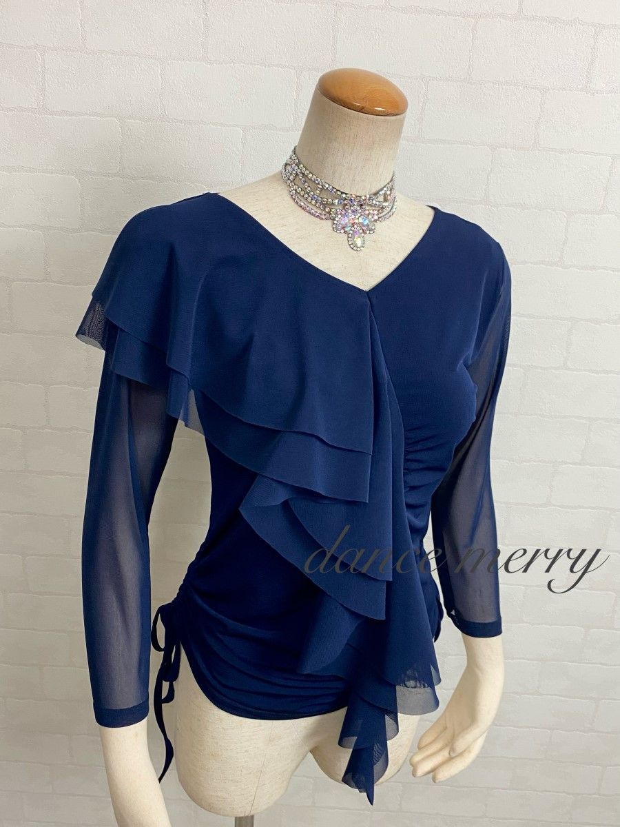 新品 社交ダンス ツーピース 紺 ネイビー フリル マーメイド