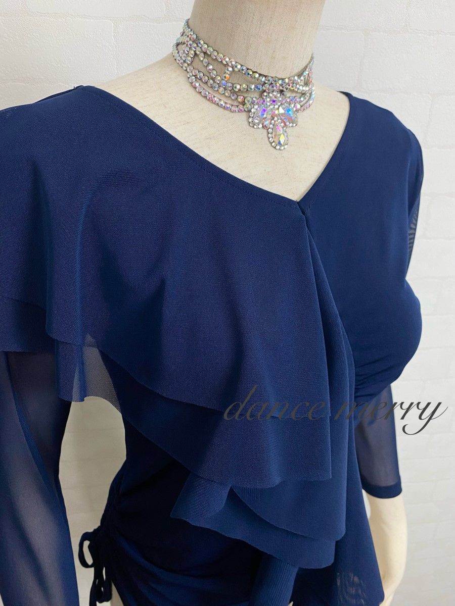 新品 社交ダンス ツーピース 紺 ネイビー フリル マーメイド