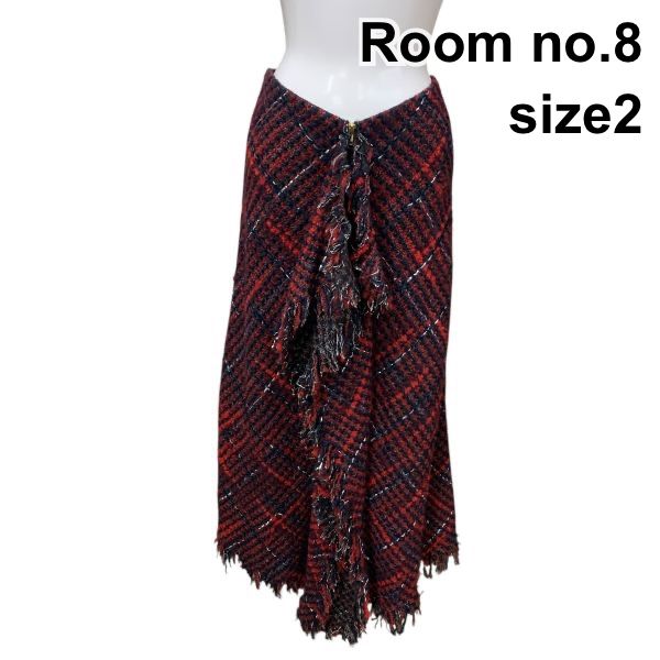 ルームエイト Room no.8 ロングスカート 前開きフリル フリンジ 黒 赤 ウール 綿 2 M 9号 レディース H 5 Z 023